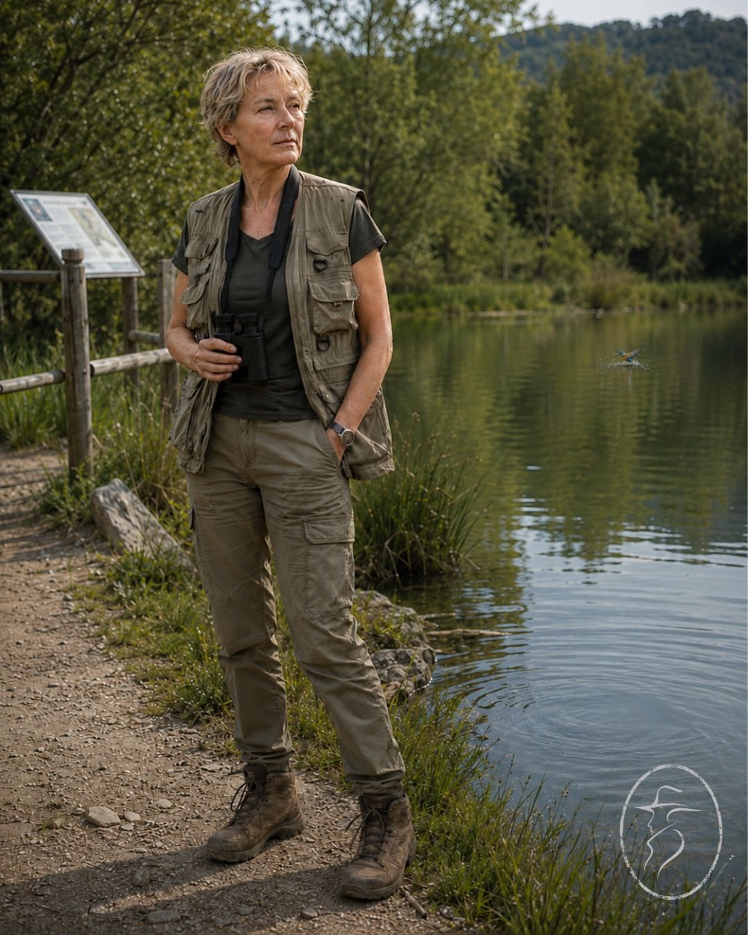 Olena Koval observando uma reserva natural europeia junto a um lago.