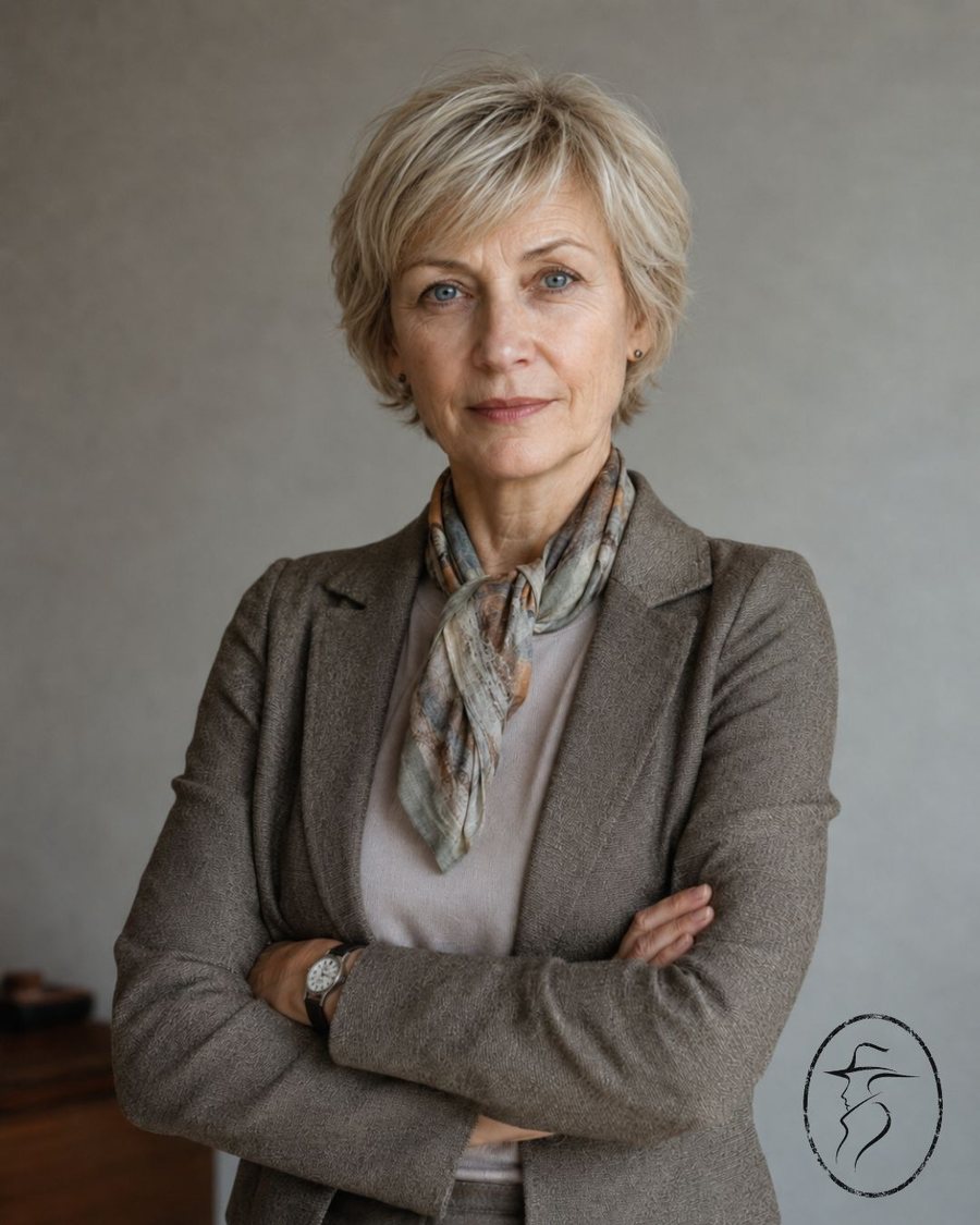 Ilustração de Olena Koval, mulher madura de aparência discreta e observadora.